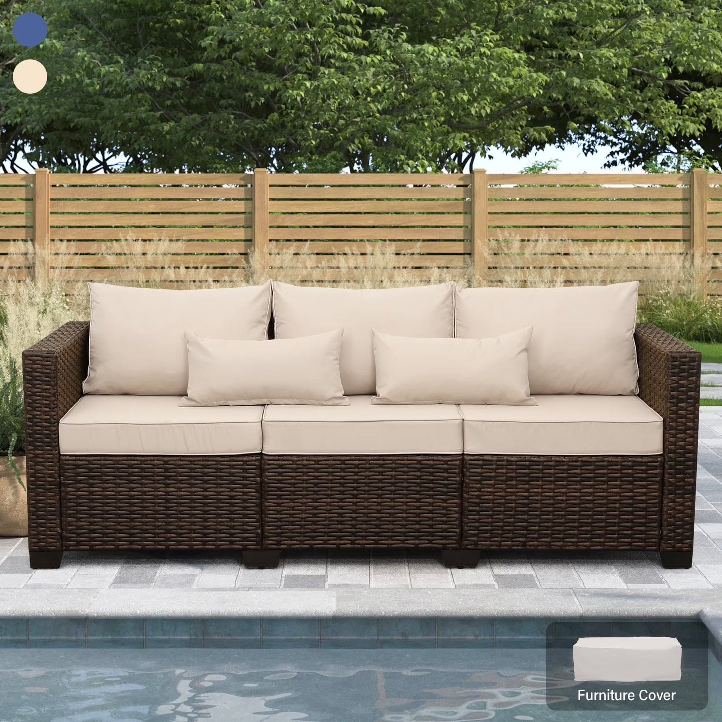 3-Seat Patio Wicker Sofa Outdoor Rattan Couch Furniture Steel Frame with High Back NO-Slip Cushioned, Blue