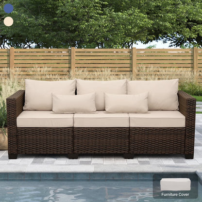 3-Seat Patio Wicker Sofa Outdoor Rattan Couch Furniture Steel Frame with High Back NO-Slip Cushioned, Blue