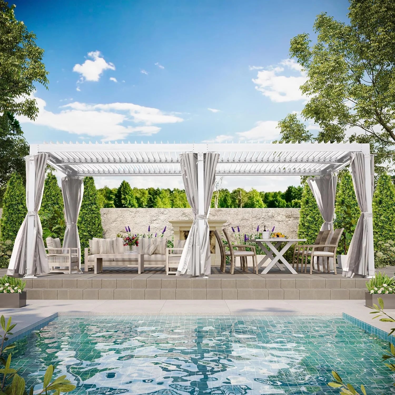 GAZEBETER 12' x 20' Louvered Pergola, Outdoor Aluminium Pergola with Adjustable Roof, Curtains and Netting, Hardtop Gazebo for Patio, Deck, Garden, Yard, Beach, White