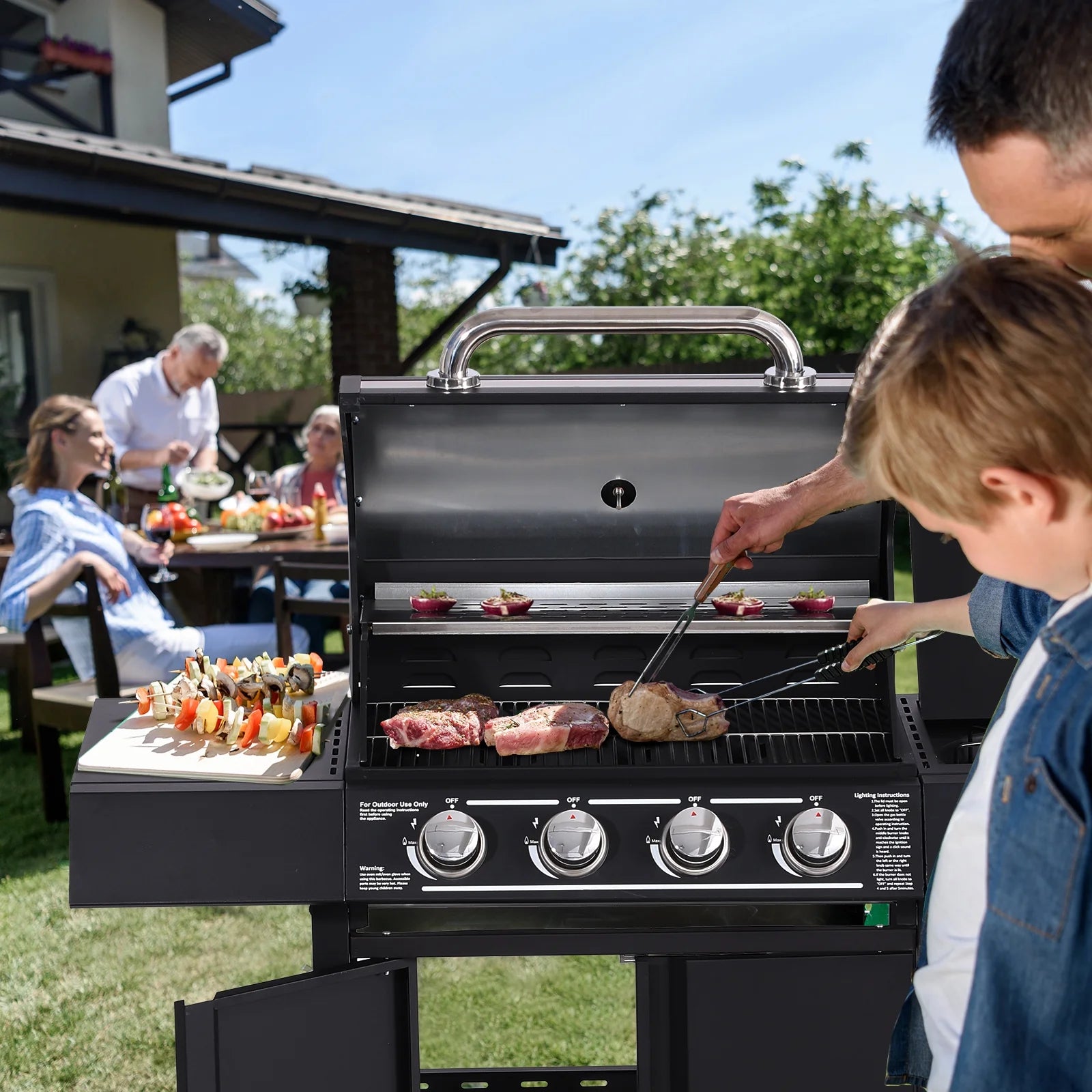 Haverchair 4-Burner Gas BBQ Grill, Cast Iron Barbecue Gas Grill with Side Burner and Bottle Opener for Outdoor Patio Garden Picnic Backyard Cooking, 50,000BTU Black