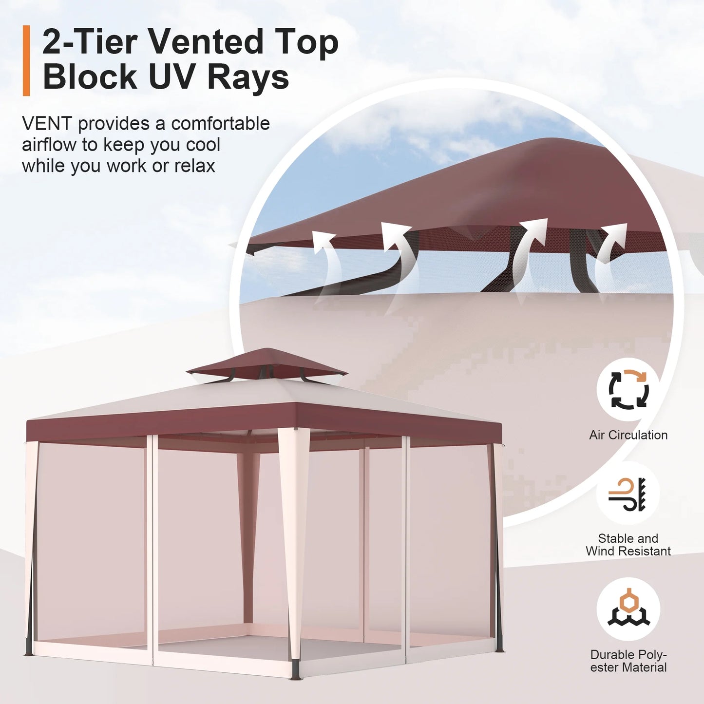 10'x10' Patio Gazebo Tent Outdoor Canopy Shelter w/Mosquito Netting & 2-Tiered Vented Top for Garden, Backyard Deck And Lawns
