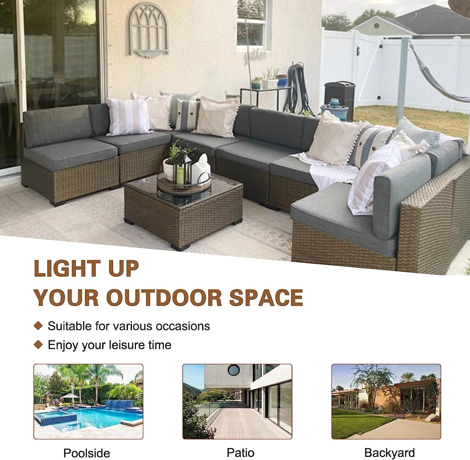 Kinbor 7pcs Outdoor Patio Rattan Wicker Furniture Sectional Sofa Set with Gray Cushions