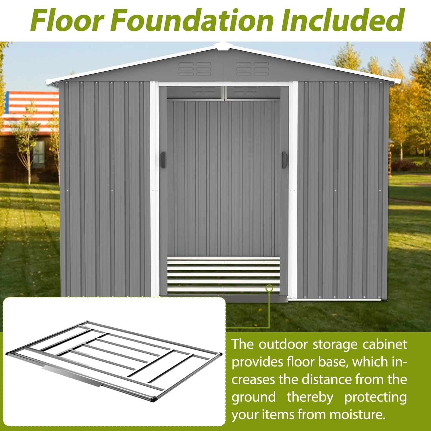 LZBEITEM 10 x 10 ft Outdoor Storage Shed with Floor Frame Kit, Galvanized Steel Garden Sheds, Garden Tool Shed with Double Lockable Doors for Backyard Patio Lawn, Grey