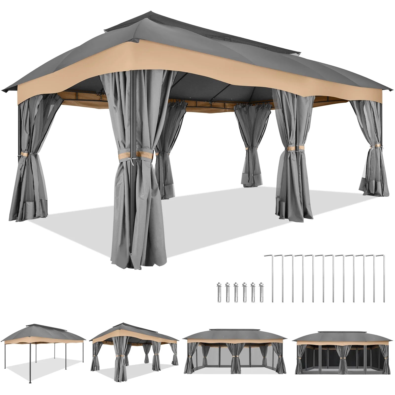 Hoteel 12X20 Heavy Duty Outdoor Patio Gazebo with Mosquito Netting and Curtains, Canopy Tent Deck Gazebo with Double Roofs and Metal Steel Frame for Party, Backyard, Deck, Garden, Gray