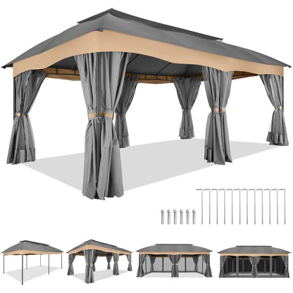 Hoteel 12X20 Heavy Duty Outdoor Patio Gazebo with Mosquito Netting and Curtains, Canopy Tent Deck Gazebo with Double Roofs and Metal Steel Frame for Party, Backyard, Deck, Garden, Gray