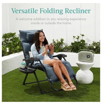 Oversized Chair, Folding Outdoor Patio Recliner, XL Anti Gravity Lounger w/Removable Cushion, Cup Holder, Side Tray, 350lb Capacity - Taupe