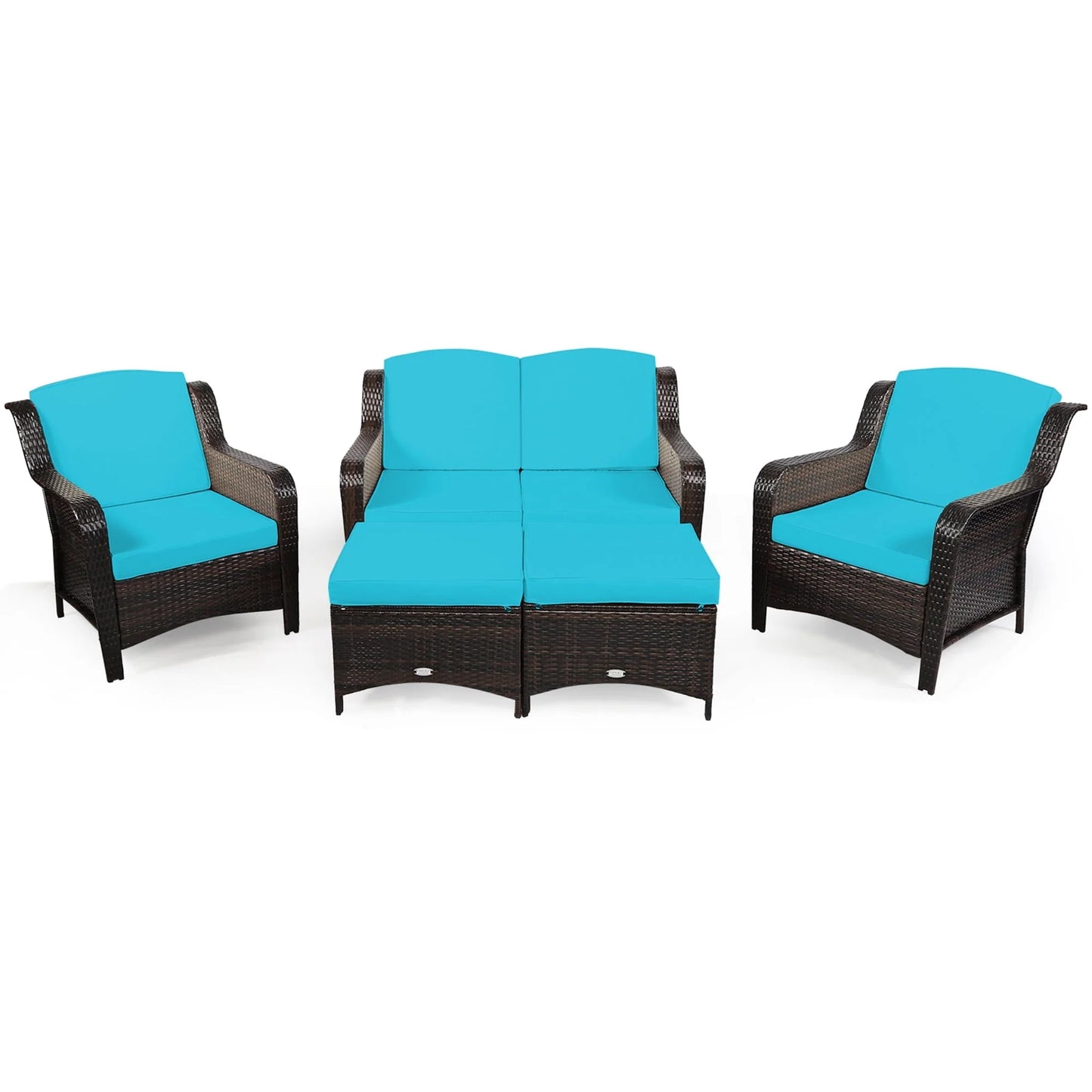 Gymax 5PCS Rattan Patio Conversation Sofa Furniture Set Outdoor w/Turquoise Cushions