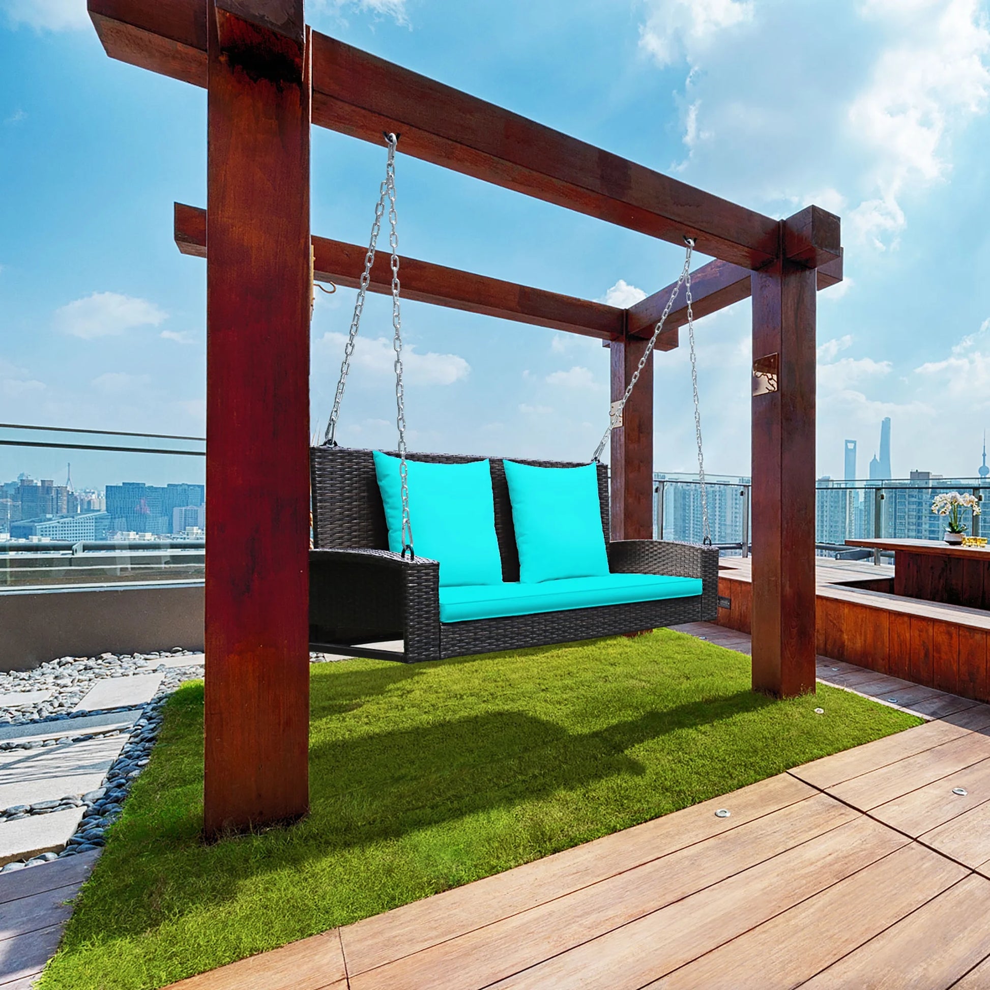 Costway 2-Person Patio Rattan Hanging Porch Swing Bench Chair Cushion Turquoise
