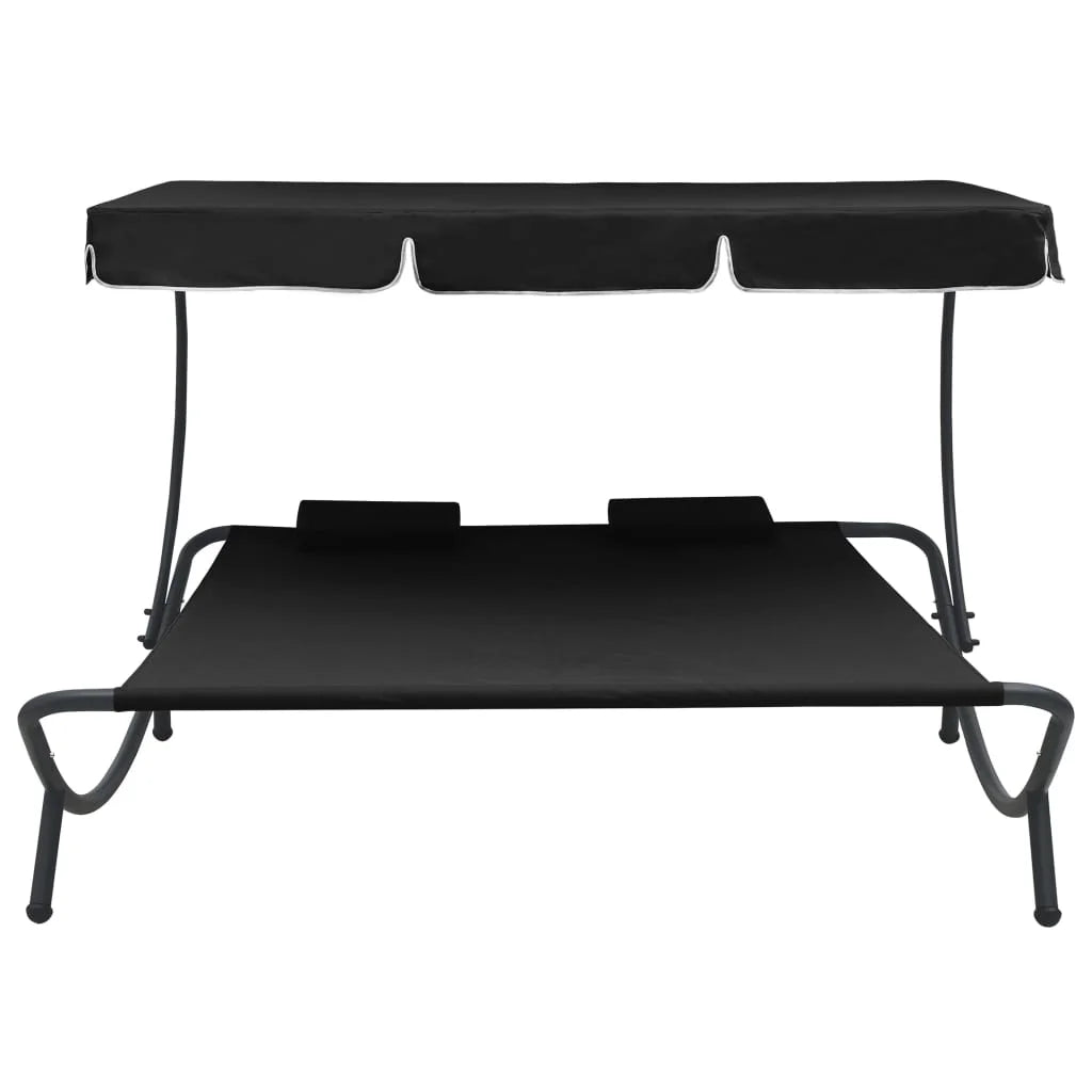 vidaXL Outdoor Double Chaise Lounge Patio Lounge Bed with Canopy and Pillows