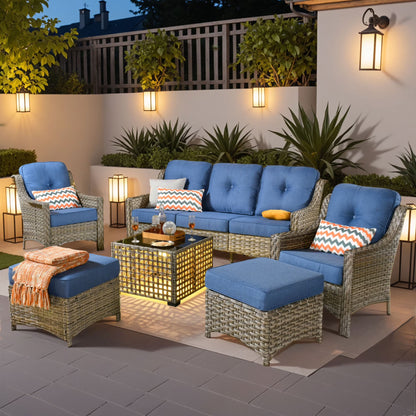 Ovios 6 Pieces Outdoor Furniture Set High Back All-Weather Wicker Patio Conversation Set with Ottomans & Solar Light Coffee Table, Diamond Blue