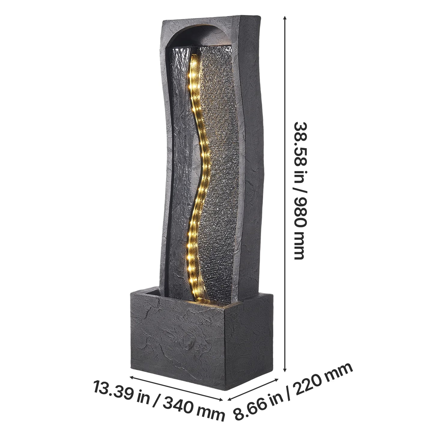 KFFKFF Outdoor Water Fountain, 38.58-Inch Tall with LED Light and Pump, 1-Tier Floor Standing Rock Base Design for Garden, Home, Patio, and Backyard Use