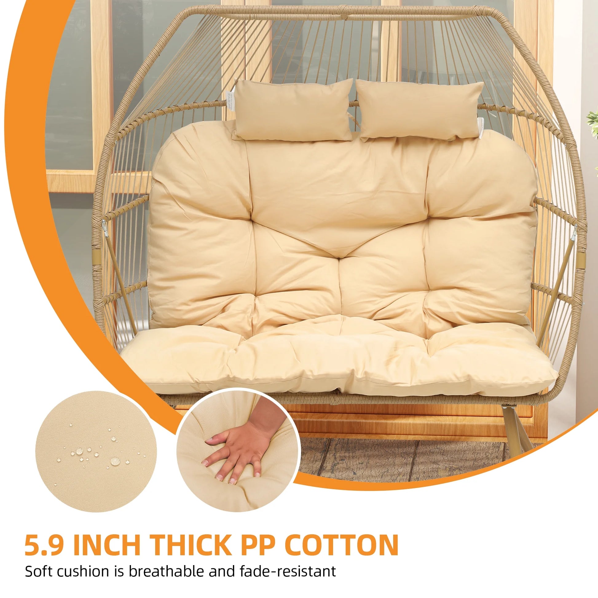 Uforic Beige Dual Egg Seat with Base, 2-Person Wicker Egg Chair for Indoor/Outdoor Patio Use with Cushions, Supports up to 510lbs, Perfect for Patio, Bedroom, Garden, and Balcony