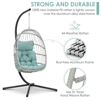 Hanging Egg Chair with Steel Stand and Fluffy Cushion, Lounge Wicker Iron Swing Chairs for Indoor Outdoor Patio Garden