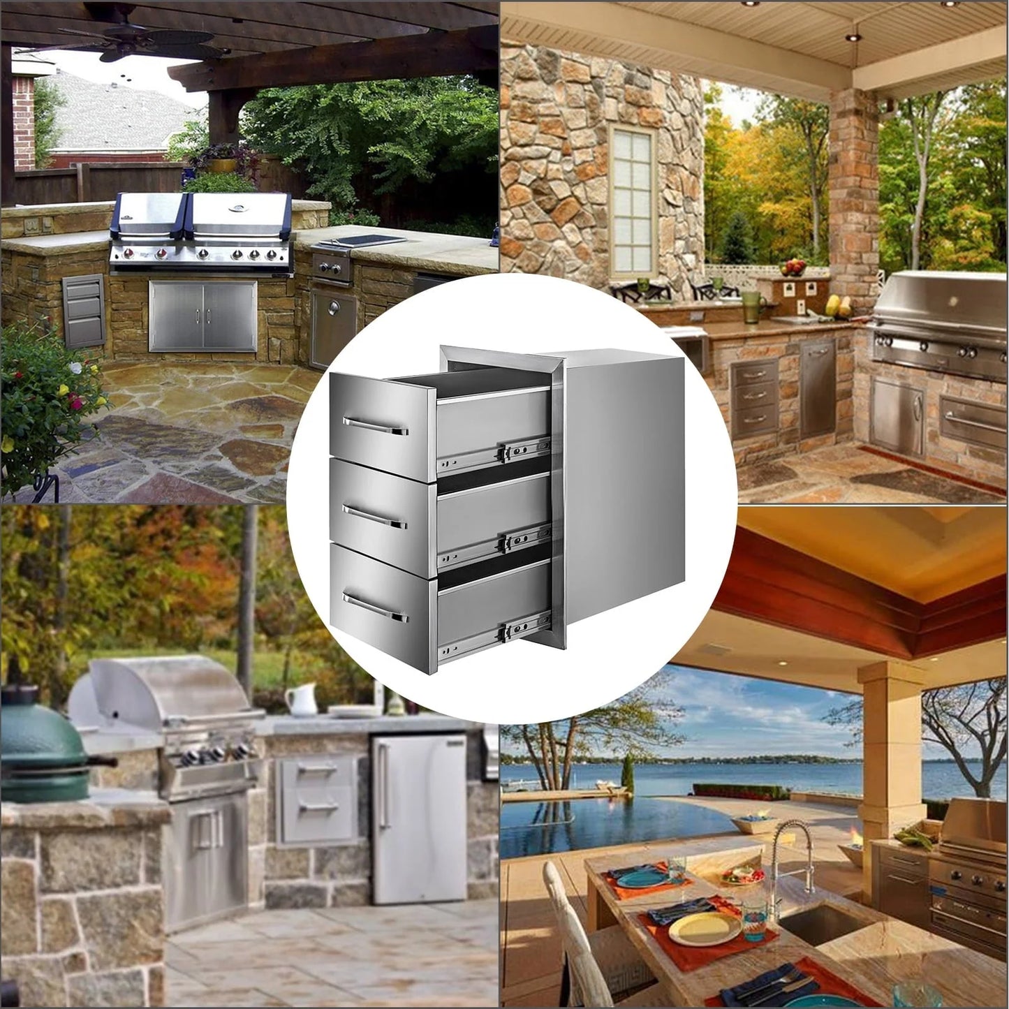 Outdoor Kitchen Drawers 16" W x 21.5" H x 18" D, Flush Mount Triple Access BBQ Drawers with Stainless Steel Handle, BBQ Island Drawers for Outdoor Kitchens or BBQ Island Patio Grill Station