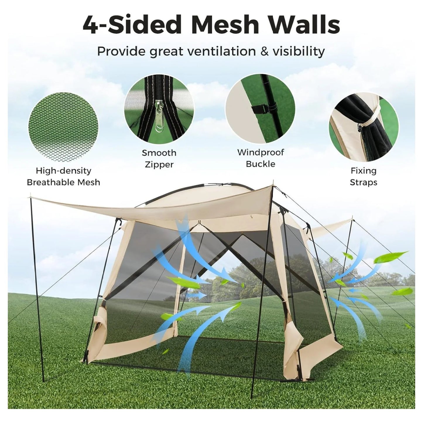 10x10 Screen Tent, Portable Screen House for Camping & Patios - Easy Setup Canopy with Mesh Walls, 2 Doors & Carry Bag Beige