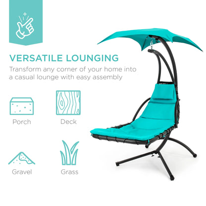 Best Choice Products Hanging Curved Chaise Lounge Chair Swing for Backyard, Patio w/Pillow, Shade, Stand - Teal