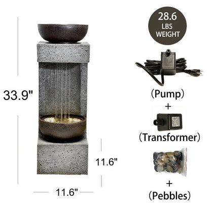 Water Fountain Modern Tiered Outdoor Fountain with Lights and Stone Planter for Garden, Patio, Backyard, Deck, Porch and Home Art Decor