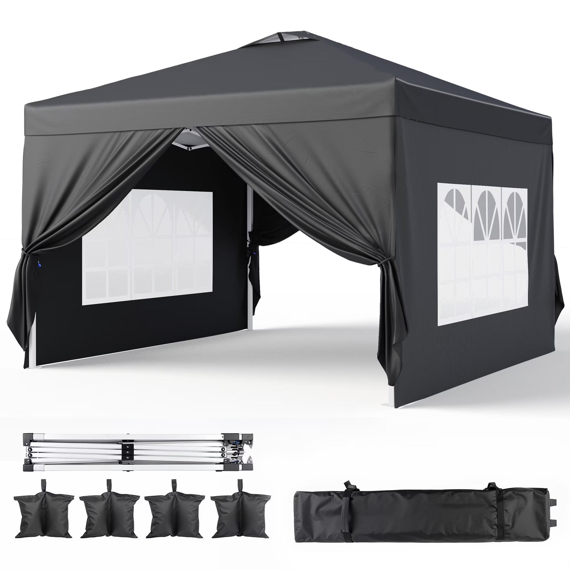 10'x10' Pop-up Canopy Tent with 4 Removable Sidewalls Lofka Portable Outdoor Canopy with 4 Sandbags, 8 Stakes & Ropes Perfect for Beach, Party, Patio & Yard Events, Black