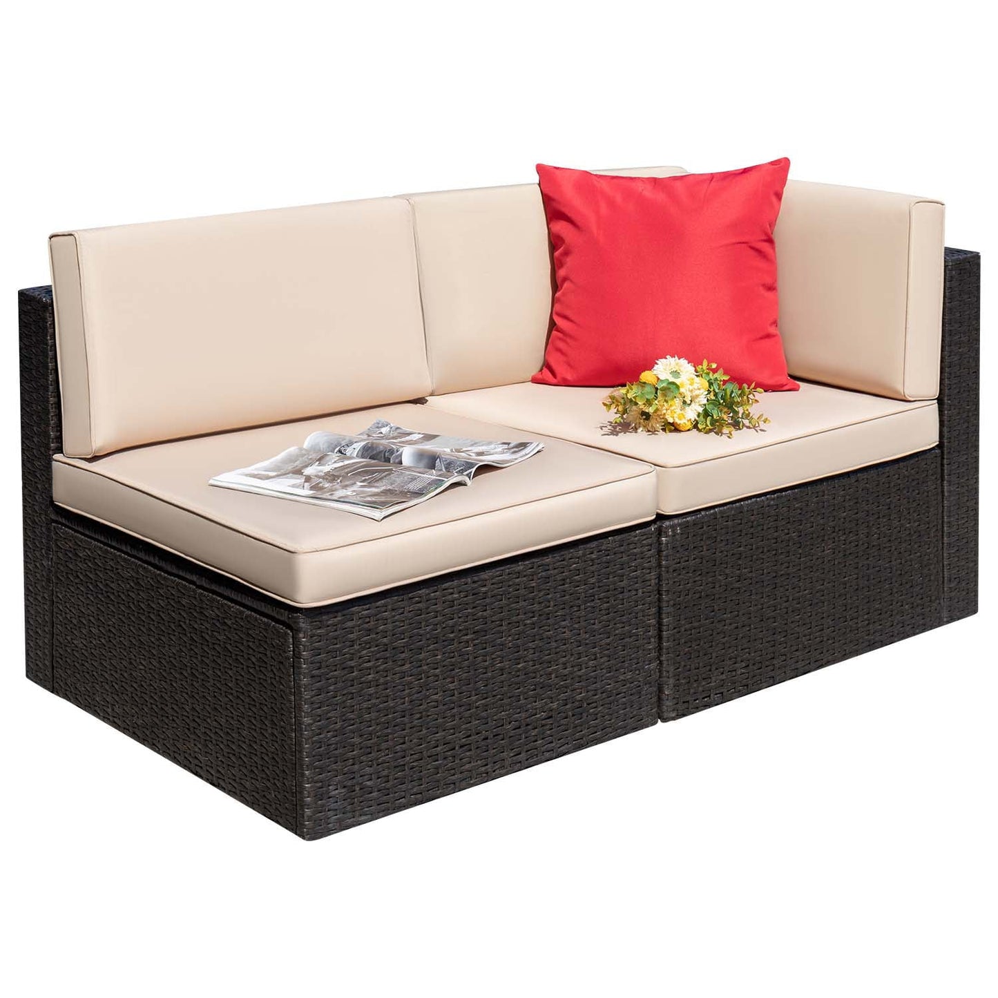 Devoko 2 Pieces Patio Sectional Set Outdoor Rattan Loveseat with Cushions & Red Pillow, Beige