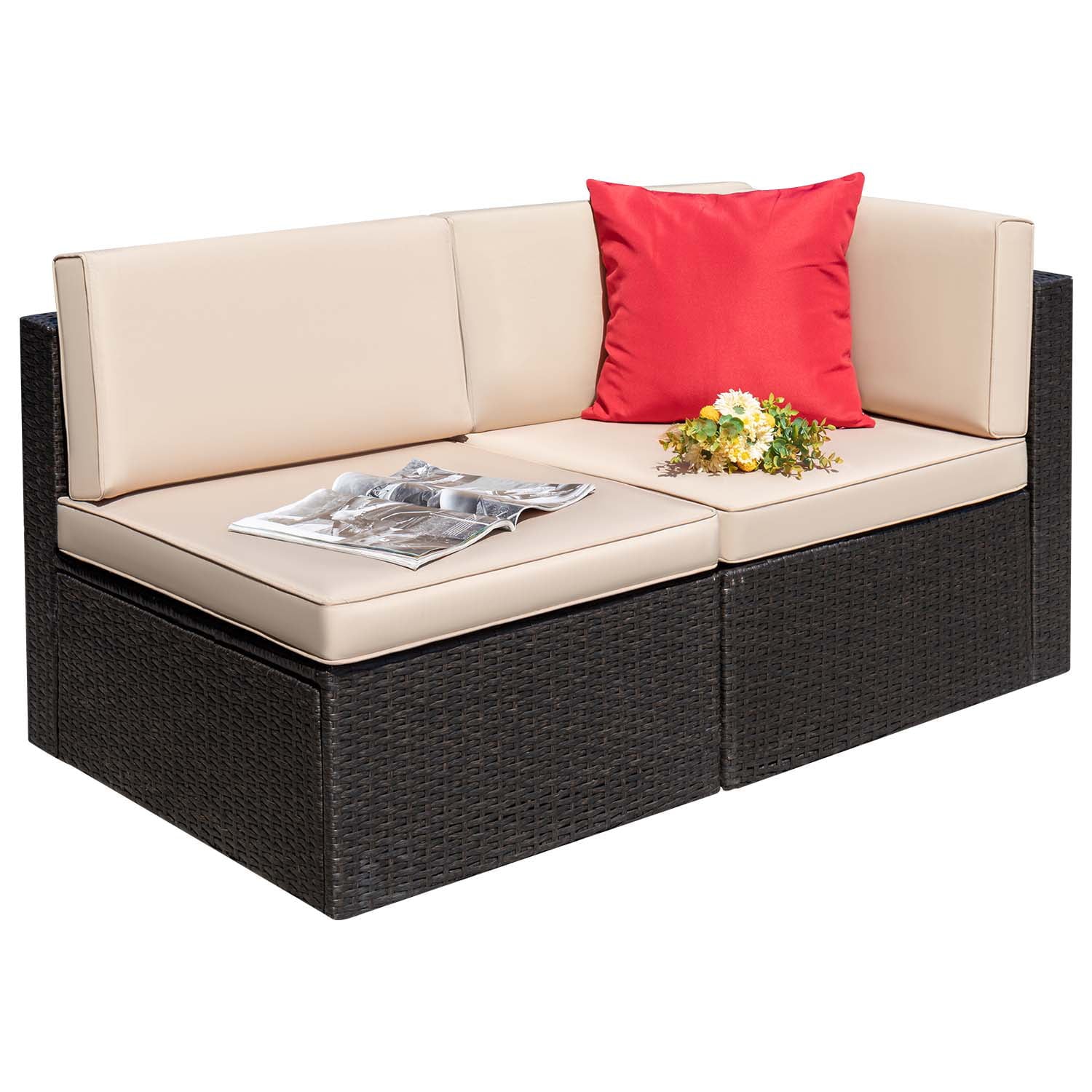 Devoko 2 Pieces Patio Sectional Set Outdoor Rattan Loveseat with Cushions & Red Pillow, Beige