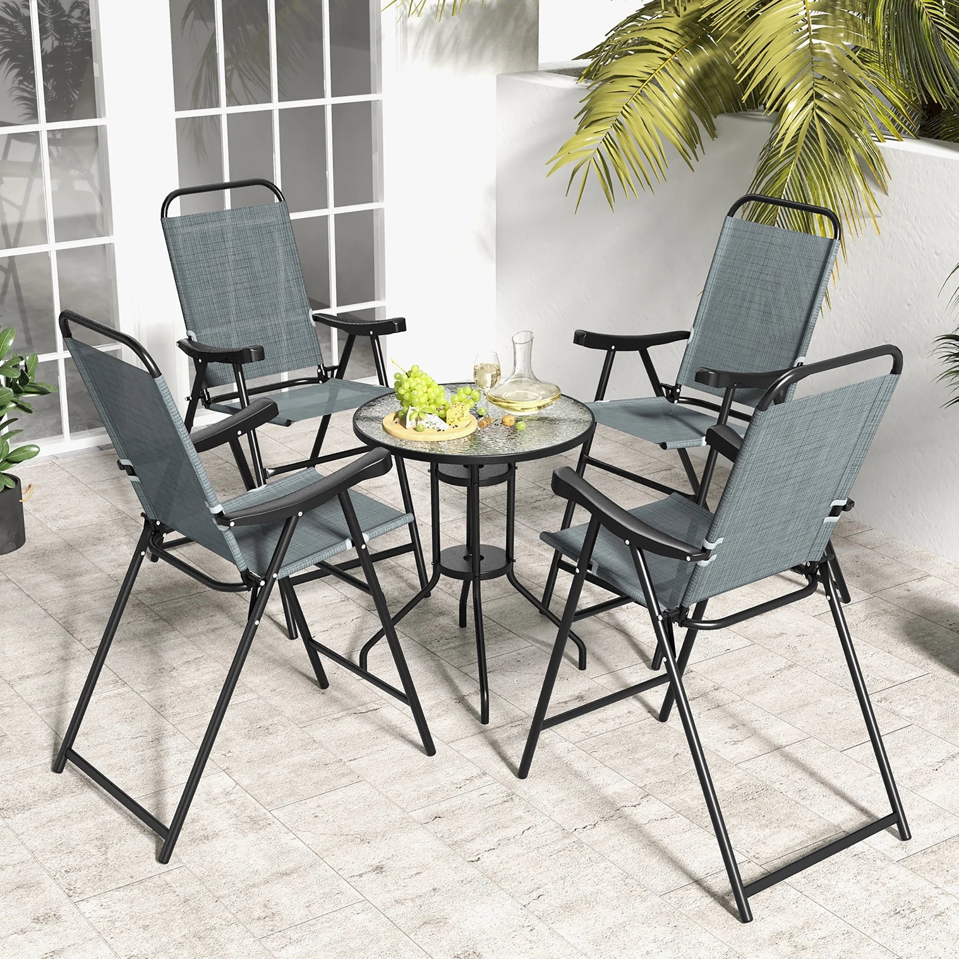 Gymax 4 PCS Patio Bar Chair Folding Bar Height Metal Frame w/Footrest Garden Blue