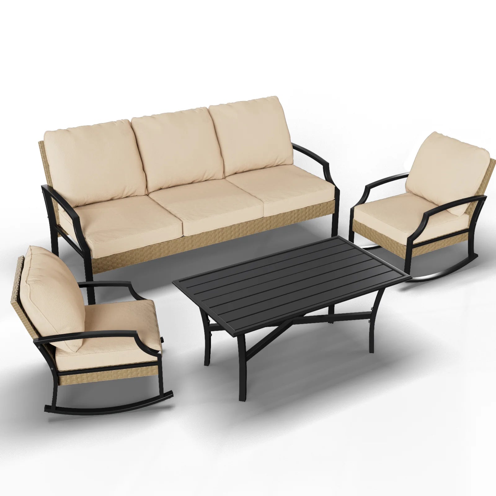 AECOJOY Outdoor Patio Wicker Furniture Sets On Sale,Rattan Patio Conversation Sets With Rocking Chair For Porch,Beige