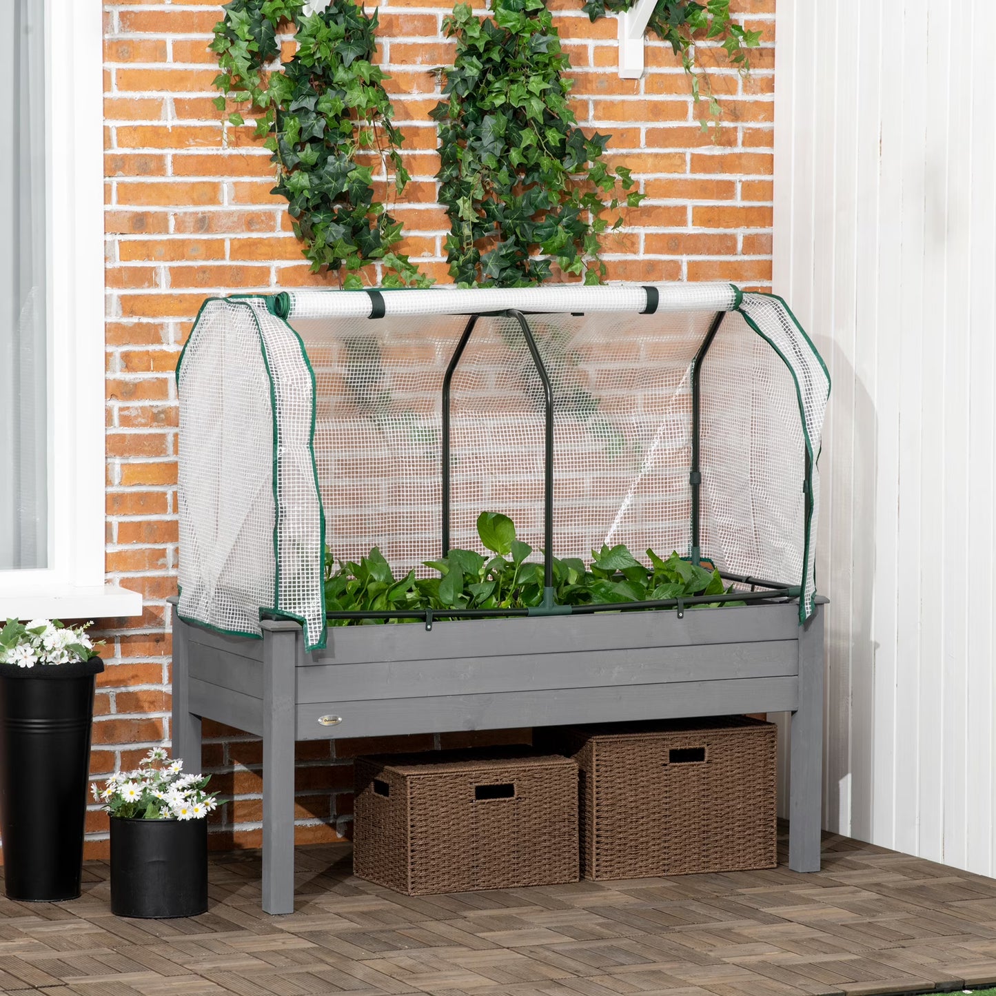 Outsunny Raised Garden Bed with PE Greenhouse Cover Outdoor Elevated Wood Planter Box for Herbs, Vegetables, for Patio, Backyard, Balcony, Brown
