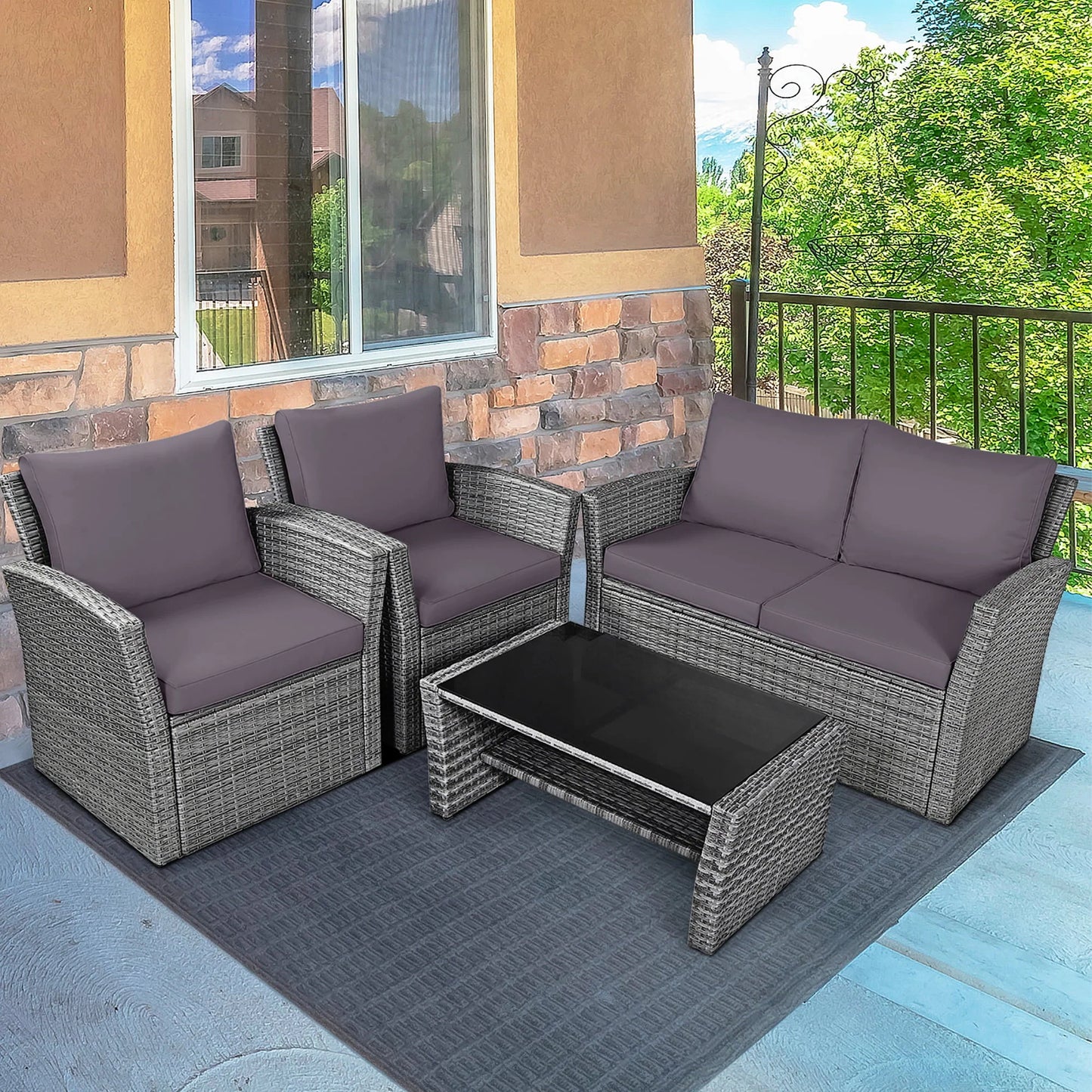 Gymax 4PCS Patio Rattan Conversation Set Outdoor Furniture Set w/Grey Cushions