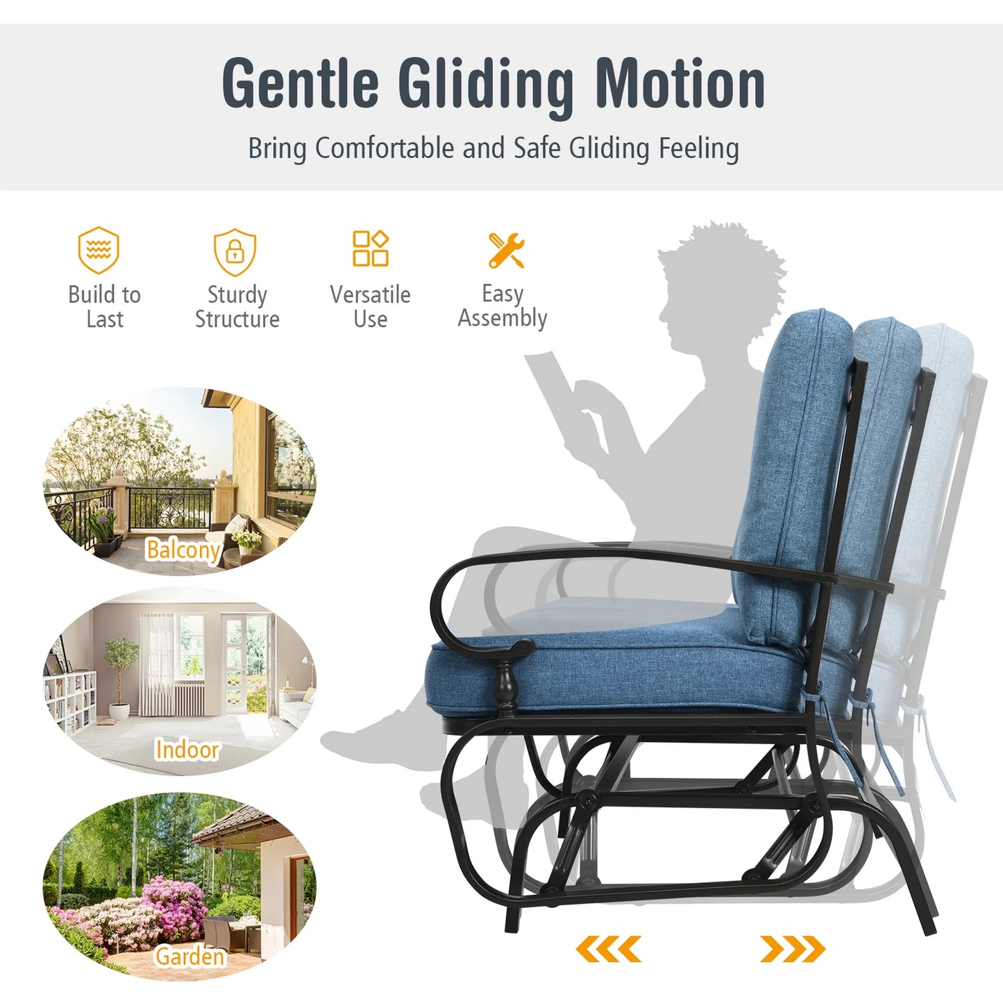 Costway Glider Outdoor Patio Rocking Bench Loveseat Cushioned Seat Steel Frame Blue