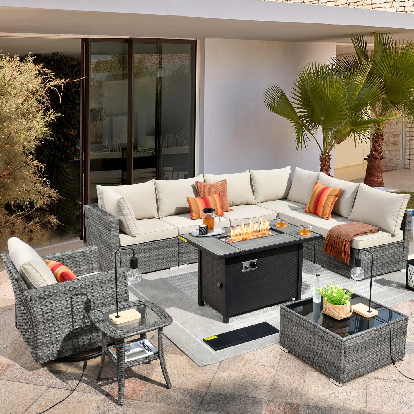 Vcatnet 11 Pieces Outdoor Patio Furniture Sets with Fire Pit Sectional Sofa All Weather Wicker Conversation Set with Swivel Glider Chairs, Black