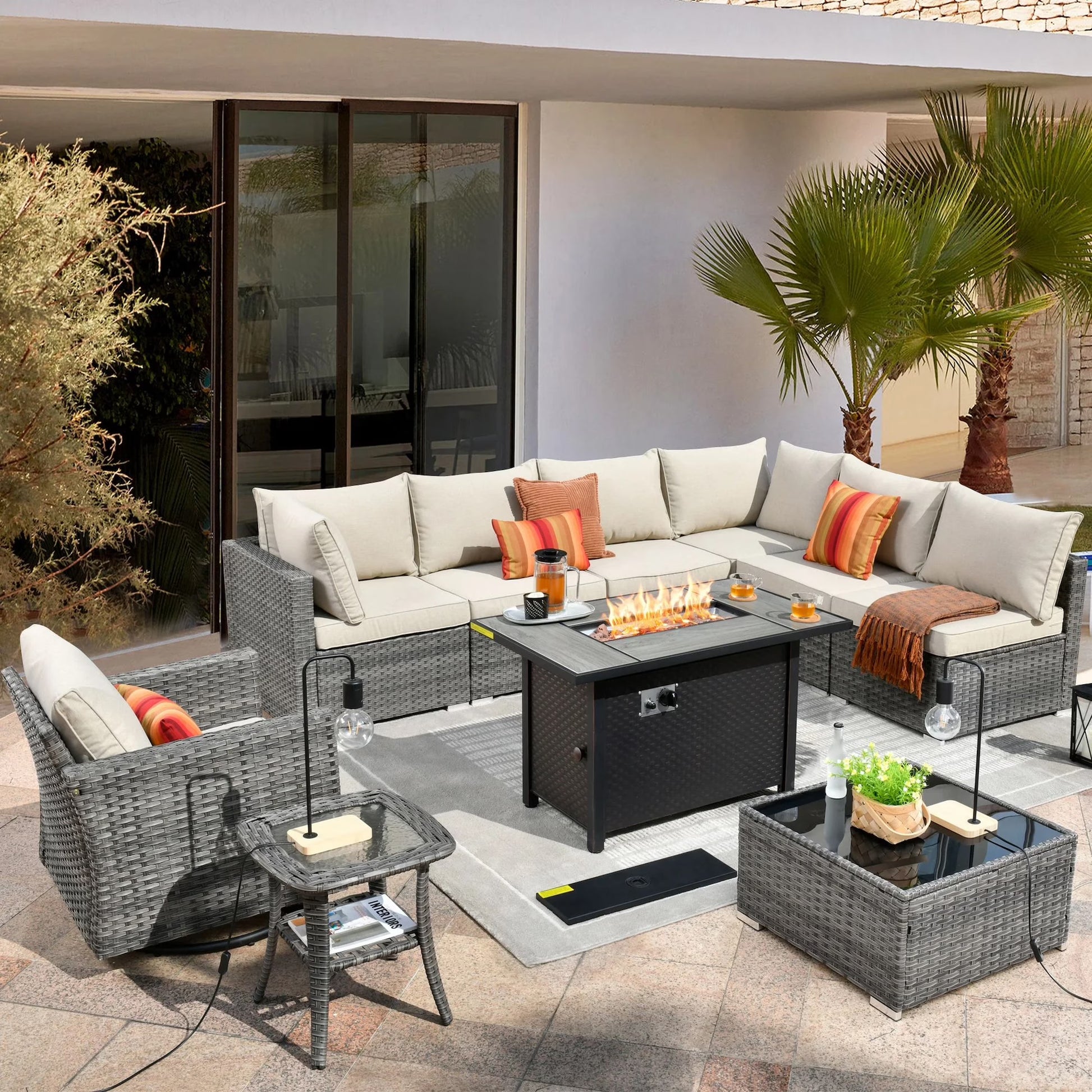 Vcatnet 11 Pieces Outdoor Patio Furniture Sets with Fire Pit Sectional Sofa All Weather Wicker Conversation Set with Swivel Glider Chairs, Black