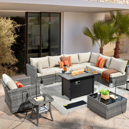 Vcatnet 11 Pieces Outdoor Patio Furniture Sets with Fire Pit Sectional Sofa All Weather Wicker Conversation Set with Swivel Glider Chairs, Black