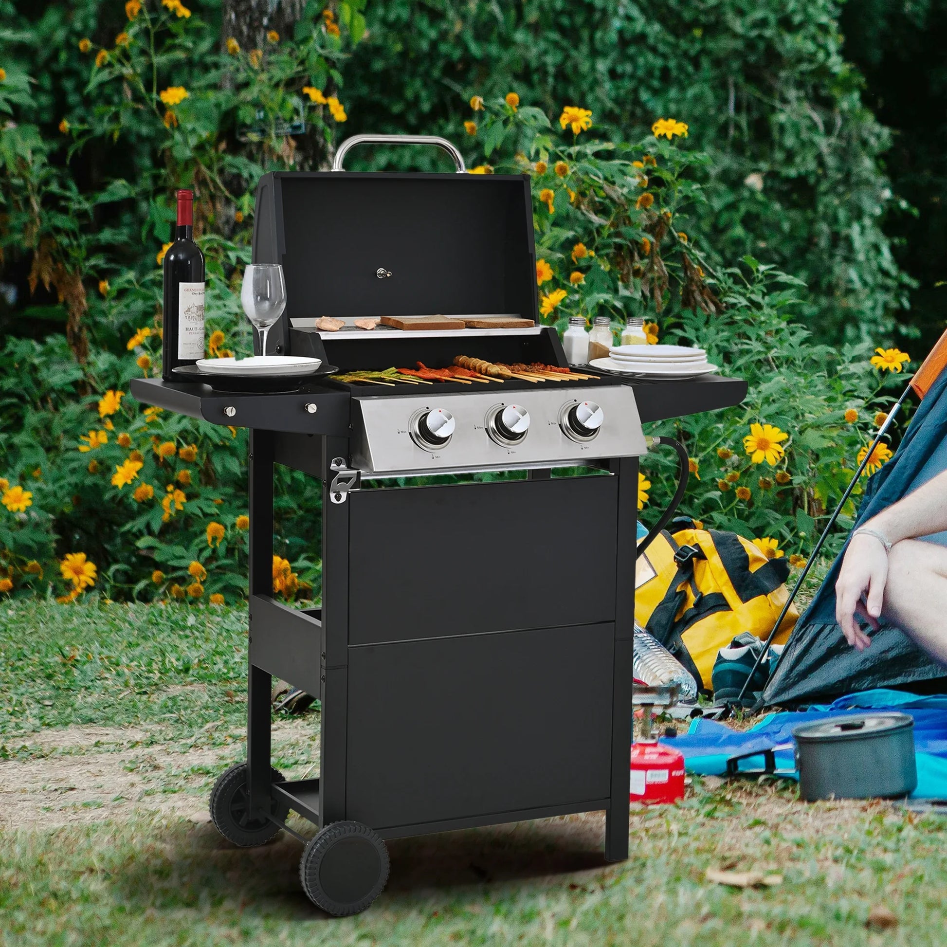 Qiushi 3-Burner Propane Gas Grill, 26,000 BTU Stainless Steel BBQ Grill with 2 Shelves & Thermometer, Outdoor Patio Grill with Electronic Ignition, Wheels & Bottle Opener M?Durable & Even Heating