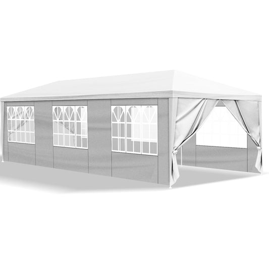 10'x30' White Outdoor Party Tent Gazebo - Waterproof PE Canopy with 8 Removable Sidewalls & Windows, Heavy Duty Iron Frame for Weddings, Events, Patios & Backyards