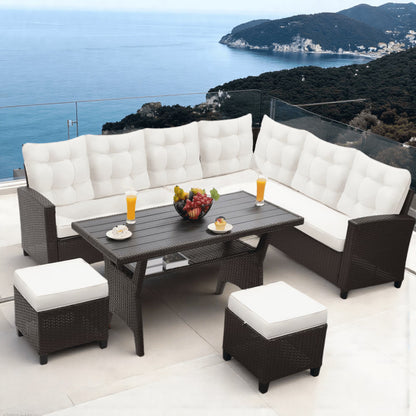LOGYAT 6 Piece All Weather Outdoor Sectional Set, with 2 Sofas, 2 Ottomans with 1 Table, Patio Conversation Furniture for Deck, Garden, Natural Wicker and Black Cushions