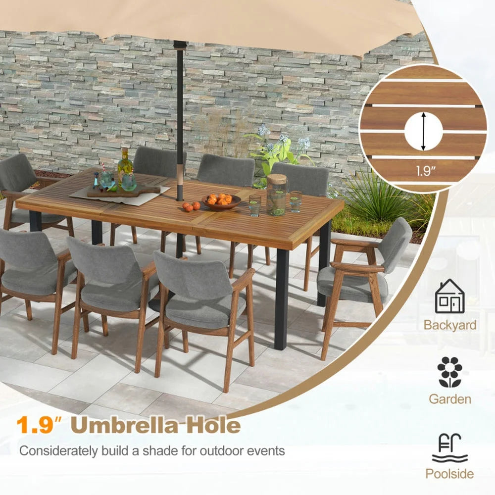 Spaco 8-Person Patio Table with 1.9 Inch Umbrella Hole, 79 Inch Acacia Wood Dining Table with Reinforced Metal Frame and Adjustable Foot Pads, Dining Table for Yard, Garden, Natural