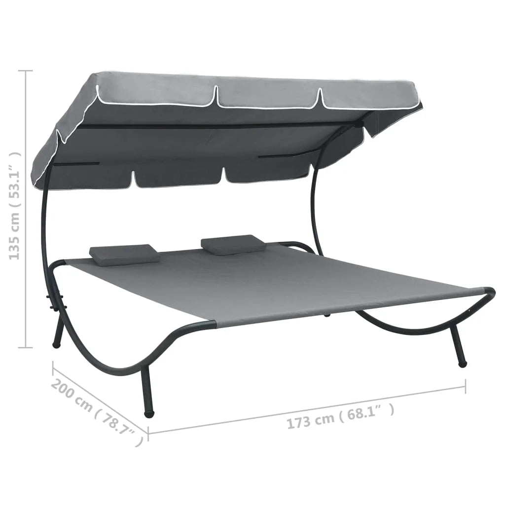 vidaXL Outdoor Double Chaise Lounge Patio Lounge Bed with Canopy and Pillows