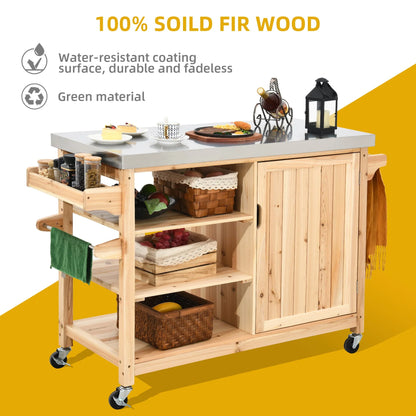 DWVO Outdoor Table and Storage Cabinet Solid Wood Movable Grill Table with Stainless Steel Top for Outside Patio Kitchen Island or Bar Cart