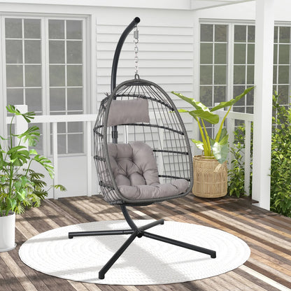 Indoor Outdoor Swing Egg Chair with Stand, Patio Foldable Grey Wicker Rattan Hanging Chair with Cushion, Light Gray