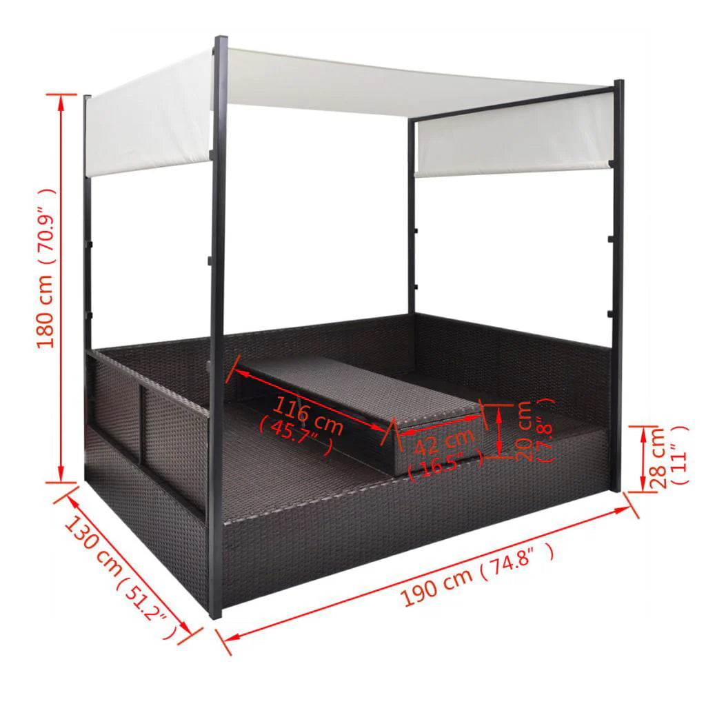 vidaXL Patio Bed Outdoor Patio Double Chaise Lounge with Canopy Poly Rattan