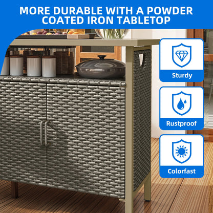 Dextrus Outdoor Patio Wicker Bar Counter Table, Wicker Storage Cabinet with with 2 Doors and Shelves, Wicker Bar Table,Deck Box - Brown