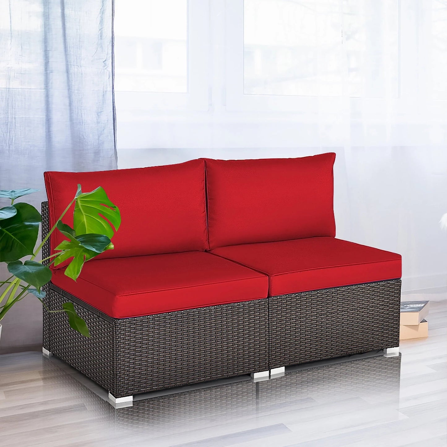Costway 2PCS Patio Rattan Armless Sofa Sectional Conversation Furniture Set W/Cushion Red