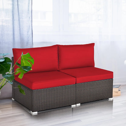 Costway 2PCS Patio Rattan Armless Sofa Sectional Conversation Furniture Set W/Cushion Red
