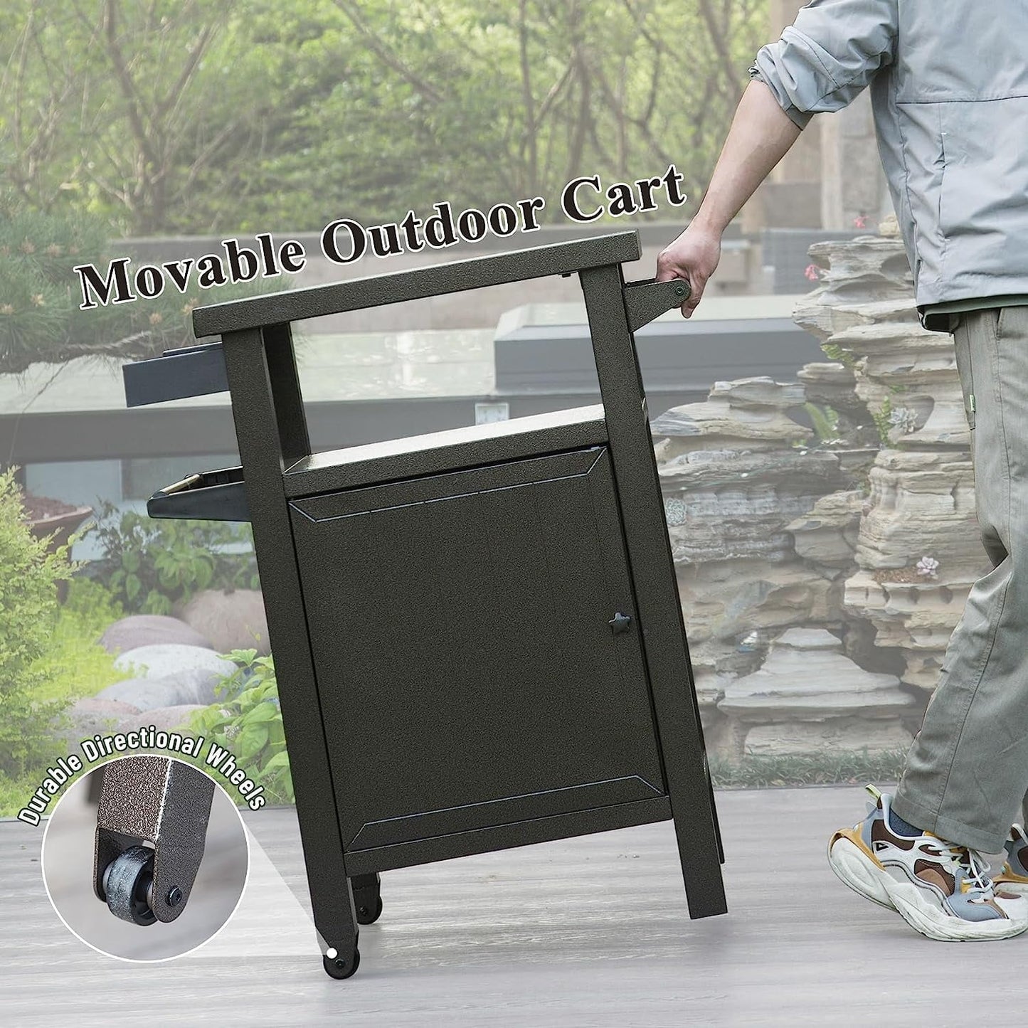 Domi Grill Carts Outdoor with Storage and Wheels, Whole Metal Portable Table and Storage Cabinet for BBQ,Deck,Patio,Backyard(Brown)