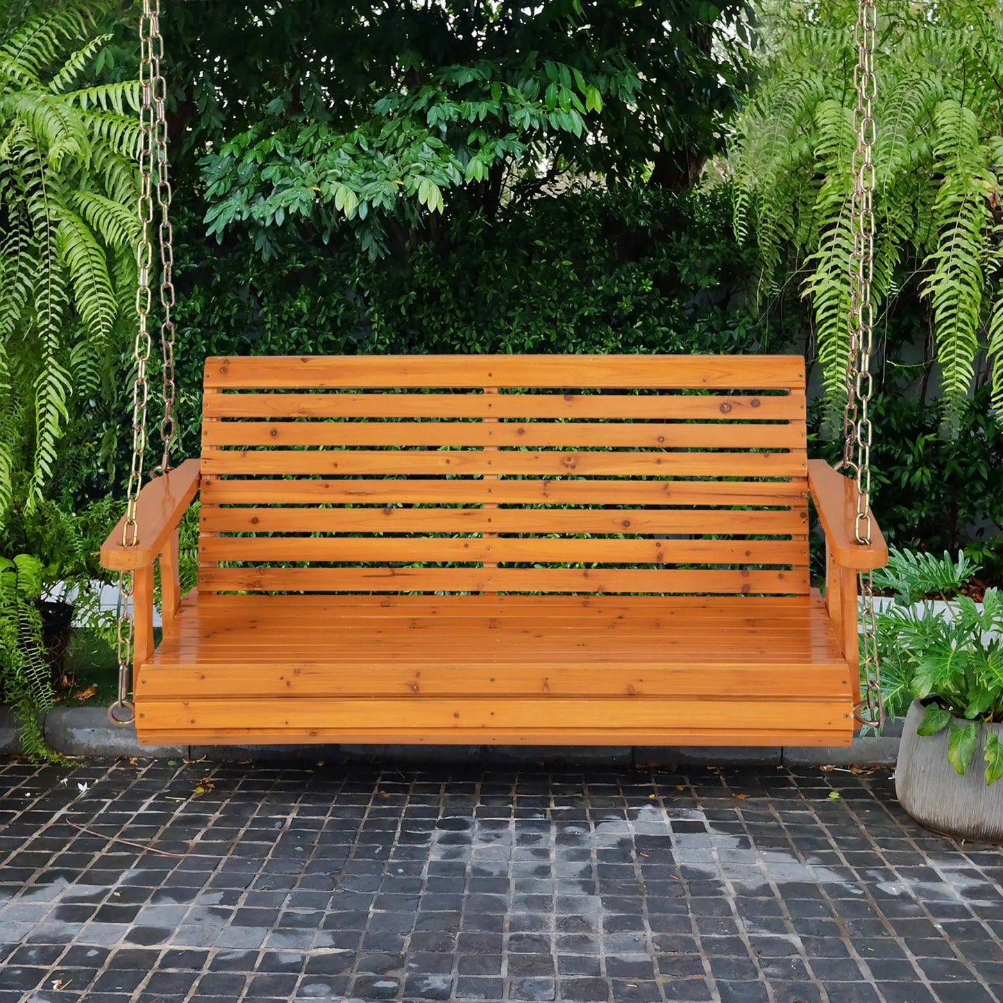 Costway Porch Swing Wood Outdoor Patio Hanging Bench Chair for Garden Backyard orange