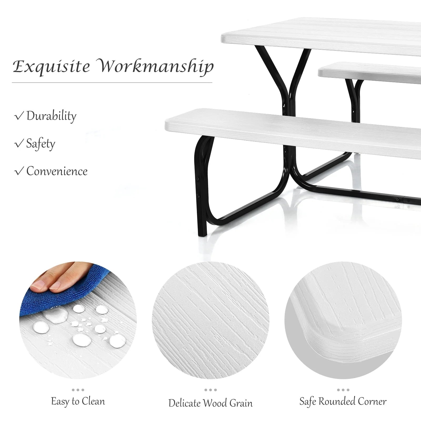 Costway Picnic Table Bench Set Outdoor Backyard Patio Garden Party Dining All Weather White