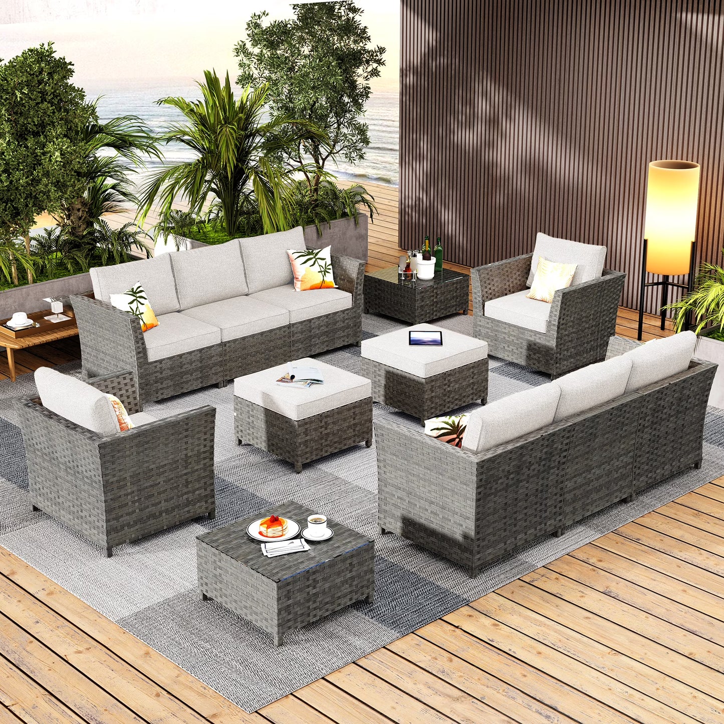 HOOOWOOO Outdoor Patio Furniture Set 12 Pieces Wicker Sectional Conversation Set No Assembly Modular Sofa Chair Set,Black