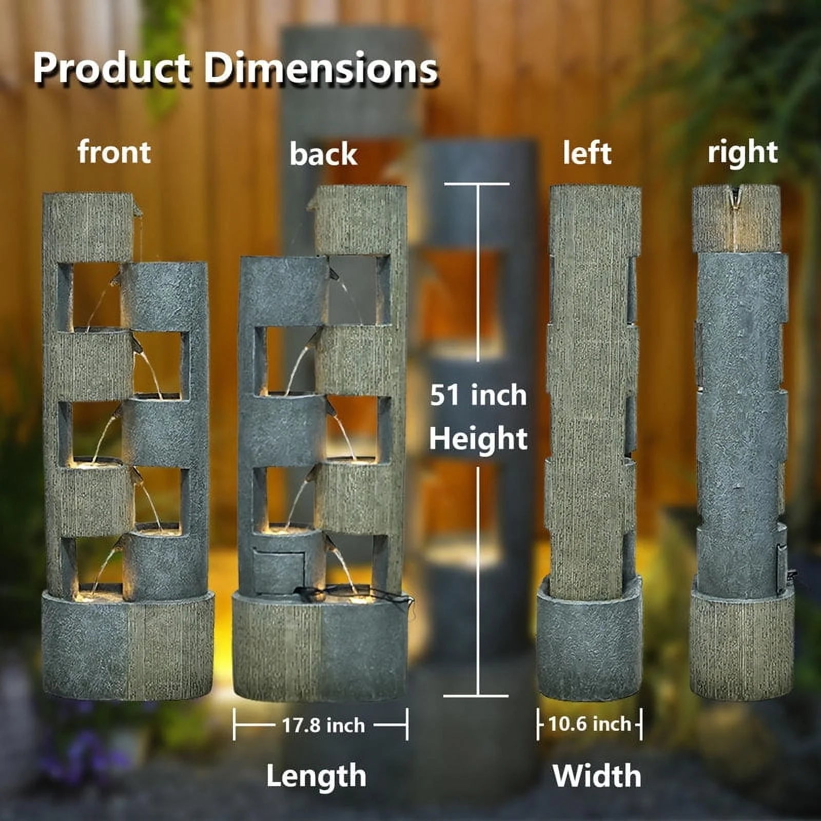51" Outdoor Water Fountain Floor Standing Waterfalls Fountain with LED Lights for Garden, Living Room, Patio, Home Decor