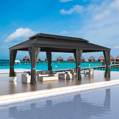 VEIKOUS 12'x10' Hardtop Gazebo, Outdoor Aluminum Gazebo Pergola w/Nettings and Curtains for Patio, Yard, Black