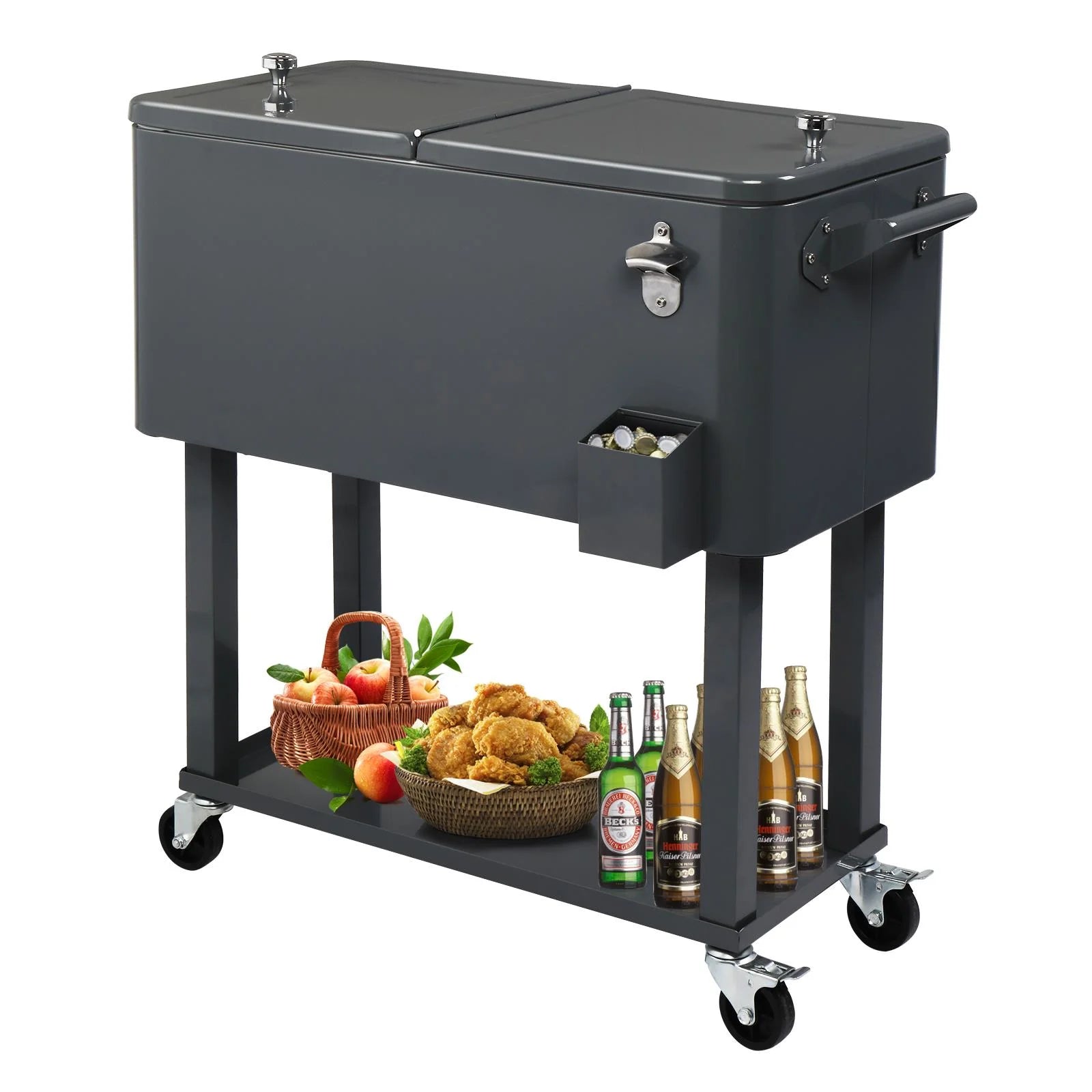 EasingRoom Iron Spray Plastic Patio Cooler Cart with Tray Cooler with Shelf Green